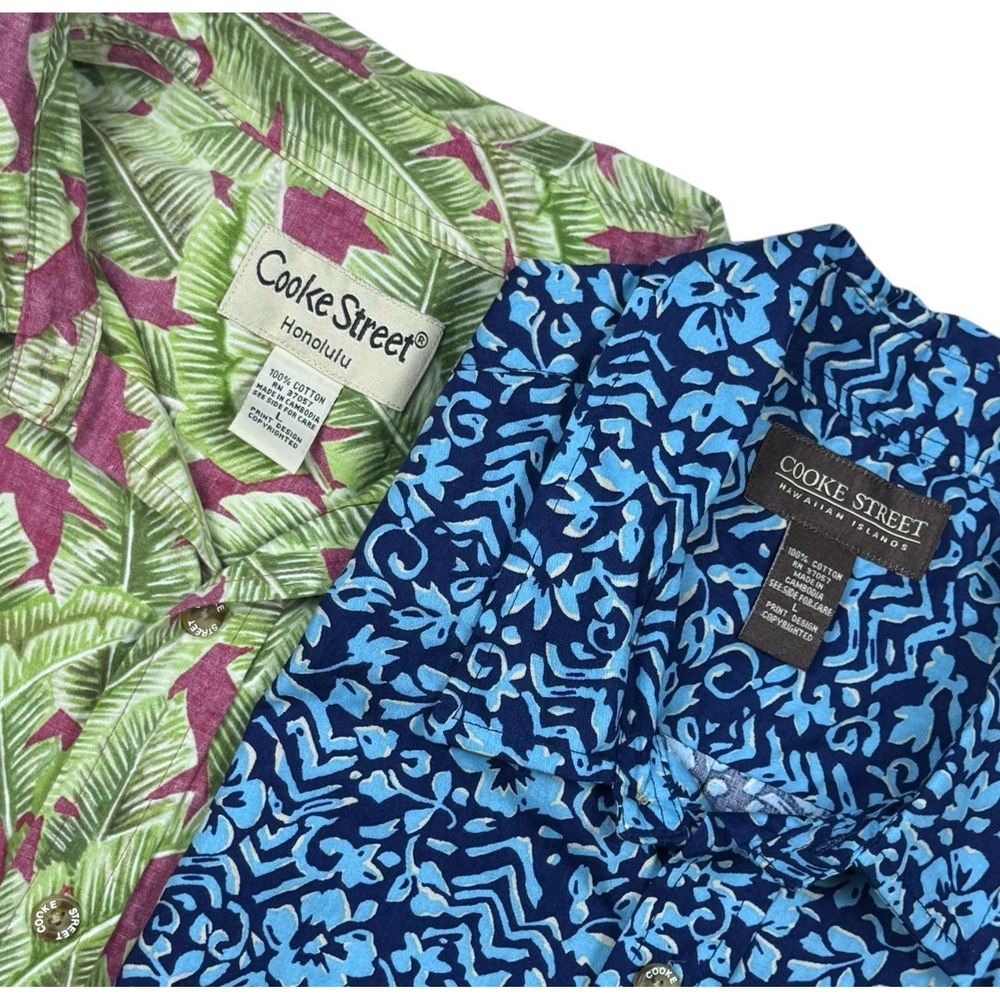 Lot of 2 Cooke Street Men's Large Blue Green Cotton Short Sleeve Hawaiian Shirts